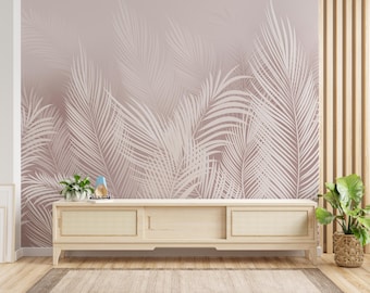 Tropical Palm Leaf Wallpaper | Blush Pink Botanical Mural | Modern Bedroom Living Room Peel Stick