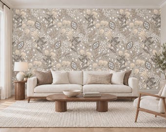 Beige Botanical Floral Peel and Stick Wallpaper
