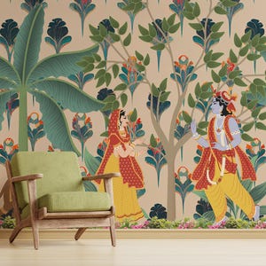 A rich Indian culture-inspired wall mural depicting Radha and Krishna in spiritual harmony. This peel and stick wallpaper enhances sacred spaces and temple rooms across Houston homes. Designed for effortless installation, it merges traditional Pichwai themes with modern decor needs, bringing peace and purpose into everyday interiors.