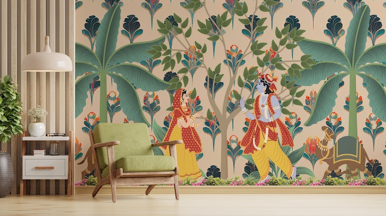 A rich Indian culture-inspired wall mural depicting Radha and Krishna in spiritual harmony. This peel and stick wallpaper enhances sacred spaces and temple rooms across Houston homes. Designed for effortless installation, it merges traditional Pichwai themes with modern decor needs, bringing peace and purpose into everyday interiors.