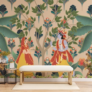 Radha Krishna wallpaper inspired by Indian folk art for meditation rooms and spiritual spaces in Phoenix homes. The peel and stick design allows for flexible, renter-friendly placement. Combines artistic heritage with modern wall covering convenience.