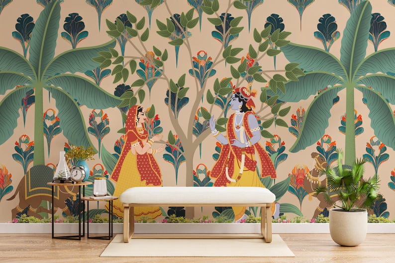 Radha Krishna wallpaper inspired by Indian folk art for meditation rooms and spiritual spaces in Phoenix homes. The peel and stick design allows for flexible, renter-friendly placement. Combines artistic heritage with modern wall covering convenience.