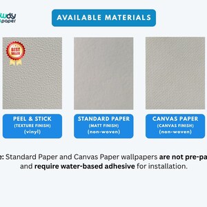 May include: Image showcasing wallpaper material options: Peel & Stick (vinyl), Standard Paper (non-woven), and Canvas Paper (non-woven). Each sample has a different texture and finish. The text indicates these wallpapers require water-based adhesive.