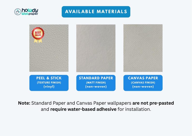May include: Image showcasing wallpaper material options: Peel & Stick (vinyl), Standard Paper (non-woven), and Canvas Paper (non-woven). Each sample has a different texture and finish. The text indicates these wallpapers require water-based adhesive.