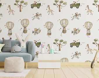 Safari Adventure Nursery Wallpaper Mural | Neutral Animal Boho Kids Room Peel Stick Decor