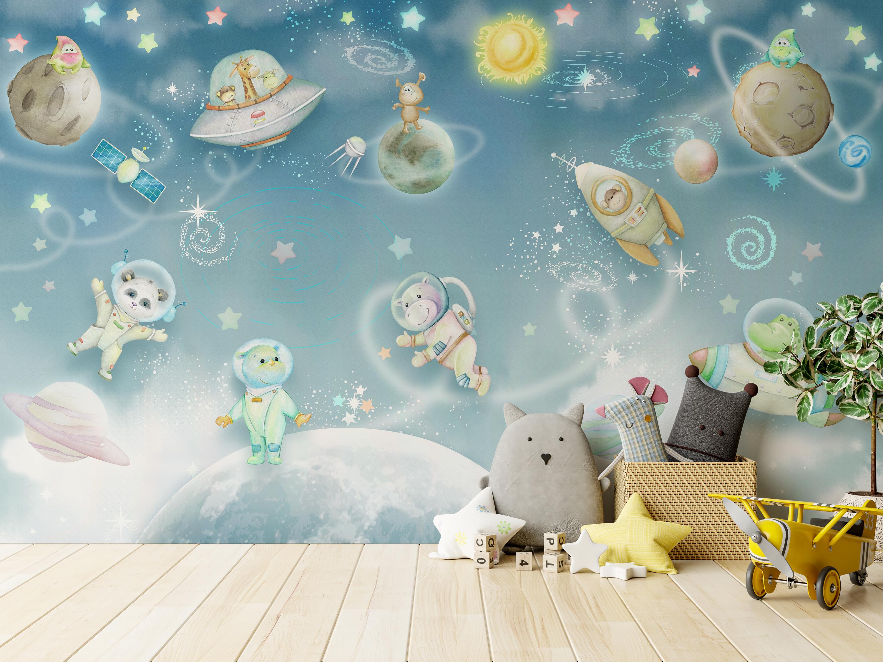 Peel and Stick Space Wallpaper Kids | Blue Watercolor Galaxy Cartoon ...