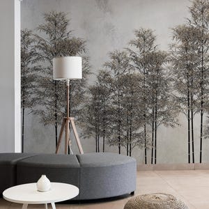 Bamboo Tree Japandi Wallpaper Mural | Beige Black Bamboo Forest Wall Art | Living Room Bedroom Hallway Zen Decor | Natural Peel and Stick