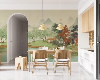 Misty Mountain Lake Wall Art Asian Landscape Watercolor Printable Nature Decor Serenity