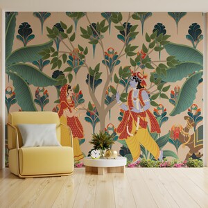 Decorative spiritual wallpaper mural featuring Radha Krishna in a classic Indian art theme. Ideal for family prayer spaces or home temples in Newark, this self-adhesive vinyl mural adds divine beauty while reflecting cultural heritage. A beautiful statement for homes that value mindfulness and design.