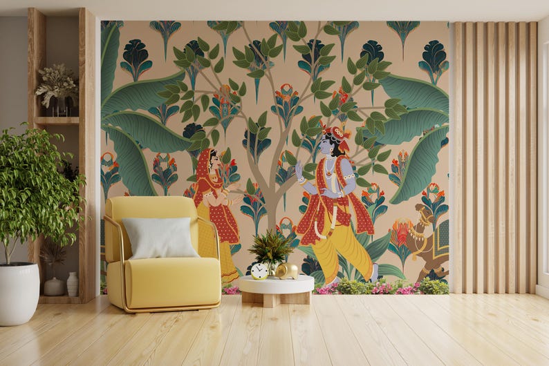 Decorative spiritual wallpaper mural featuring Radha Krishna in a classic Indian art theme. Ideal for family prayer spaces or home temples in Newark, this self-adhesive vinyl mural adds divine beauty while reflecting cultural heritage. A beautiful statement for homes that value mindfulness and design.