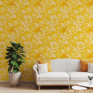 Yellow Marigold Peel and Stick Floral Wallpaper | Living Room, Bedroom, Kitchen Repeat Pattern Botanical Mural | Bright Flower Wall Decor