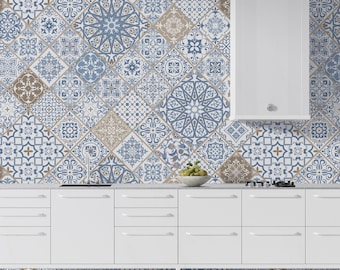 Blue Tile Wallpaper Peel Stick Removable Self Adhesive Vintage Ceramic Kitchen Bathroom Backsplash Wall