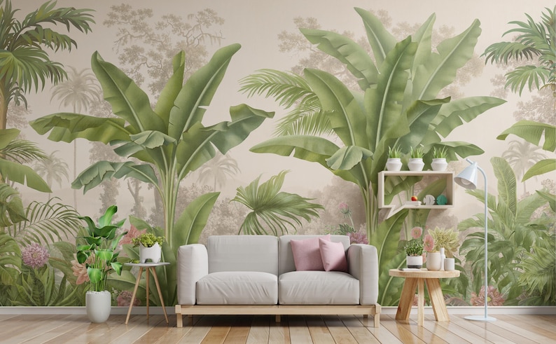 Banana Leaf Wallpaper | Green Tropical Peel and Stick Wall Mural - Etsy