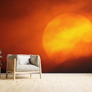 Dusky Sun Nature Wallpaper | Serene Sunset Peel and Stick Orange Mural | Warm Tones Scenic Landscape | Bedroom Living Room Home Wall Decor
