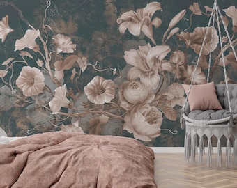Vintage Dark Floral Wallpaper | Sepia Roses Lilies Peel and Stick Mural | Bedroom Wall Decor