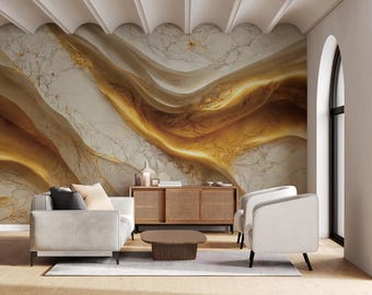 Gold Marble Wallpaper Mural | White Abstract Vein Luxury 3D Style | Living Room Peel Stick