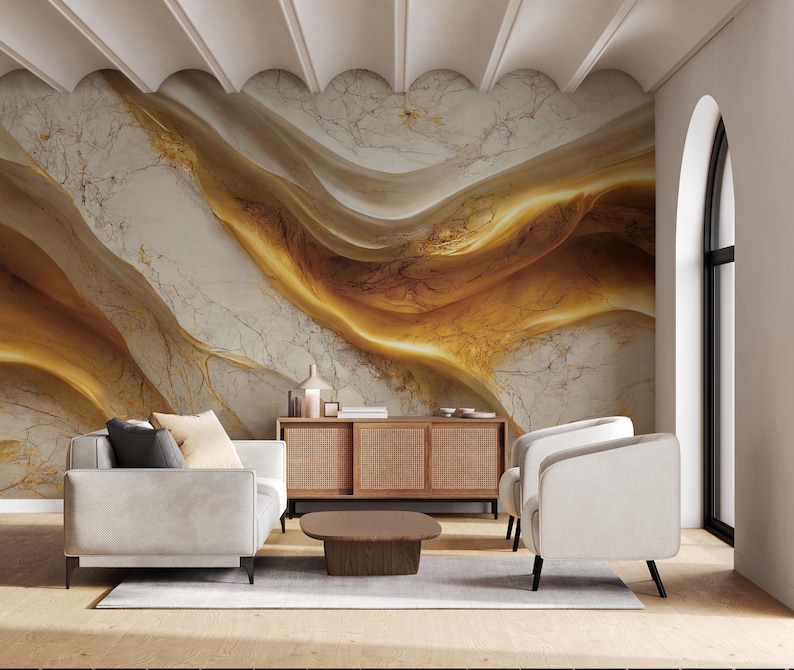 Gold Marble Wallpaper Mural | White Abstract Vein Luxury 3D Style ...
