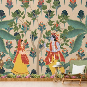 Elegant beige Radha Krishna Pichwai mural used as spiritual wallpaper in a prayer room. The mural captures divine Indian folk art with subtle detailing, perfect for Dallas homeowners looking to create a meditative ambiance. Ideal for temple corners, meditation zones, or as a feature wall in cultural homes.