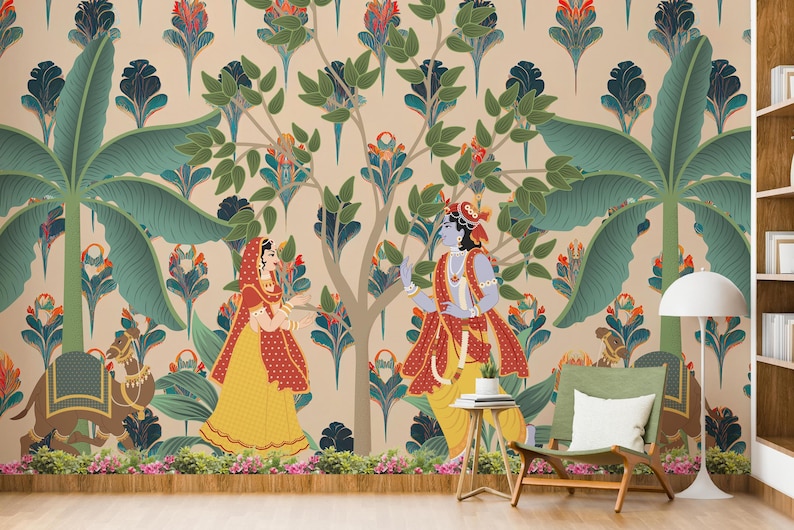 Elegant beige Radha Krishna Pichwai mural used as spiritual wallpaper in a prayer room. The mural captures divine Indian folk art with subtle detailing, perfect for Dallas homeowners looking to create a meditative ambiance. Ideal for temple corners, meditation zones, or as a feature wall in cultural homes.