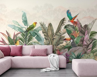 Parrot and Toucan Tropical Wallpaper | Lush Green Jungle Peel and Stick Mural