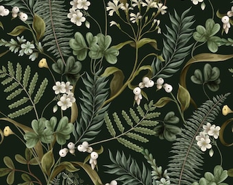 Green Fern Leaves Peel and Stick Wallpaper – White Floral Botanical Pattern | Bathroom Mural