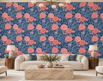 Navy Blue and Pink Floral Peel and Stick Wallpaper