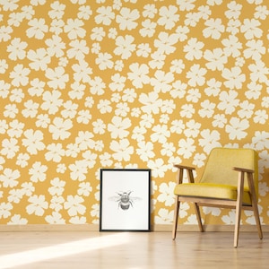 Mustard Yellow Peel and Stick Floral Wallpaper | Hibiscus Wall Decor | Boho Flower Pattern | Bedroom Living Room Kitchen Accent Wall Mural