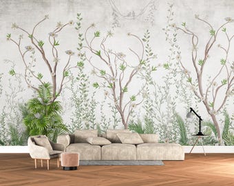 Green Chinoiserie Tree Wallpaper Mural Vintage Floral Birds Botanical Luxury Wall Decor Bedroom