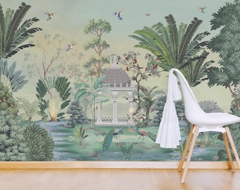 Indian garden peacock wall mural tropical trees wallpaper luxury living room soothing nature decor