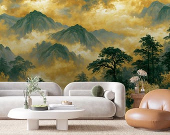 Golden Mountain Wallpaper Misty Forest Mural Living Room Nature Accent Wall (Peel and Stick)