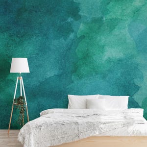 Watercolor Wallpaper | Teal Green Wall Mural | Abstract Boho Style | Living Room Bedroom Decor | Peel and Stick Removable Vinyl | Any Size