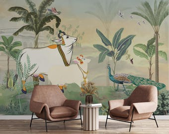 Peel Stick Indian Pichwai Cow Wallpaper Peacock Jungle Nursery Decor Kids Room Calming Boho