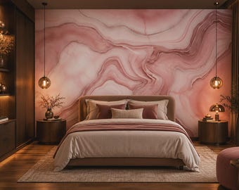 Pink Flowing Marble Mural | Peel and Stick Rose Gold Wallpaper