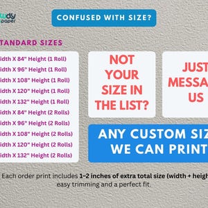 May include: Image displays standard sizes for wallpaper rolls, including widths of 24" and 47", with heights ranging from 84" to 132". Text encourages customers to message for custom sizes if needed.
