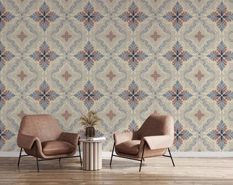 Classic European Damask Wallpaper | Neutral Beige Blue Ornate Pattern | Living Room Decor Peel Stick