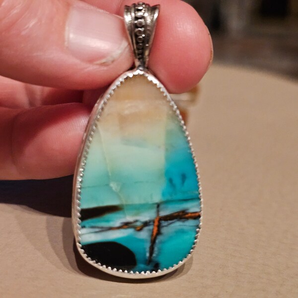 Handmade Blue opal wood pendant on Sterling Silver Pendant by EvyDaywear, One-of-a-kind-only, Beach Scene in a 100% natural stone