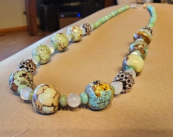 Handmade Natural high grade Hubei turquoise beaded one-of-a-kind beaded necklace on Sterling Silver by EvyDaywear