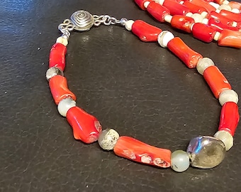 Designer Mediterranean red coral necklace and/or bracelet one-of-a-kind handmade jewelry on sterling silver  by Evydaywear
