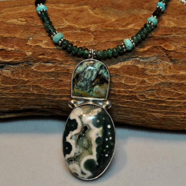 Ocean Jasper and Turquoise Necklace with Emerald, and Green Tourmaline on Sterling silver