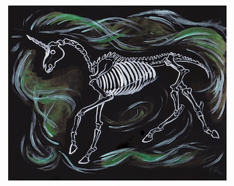 May include: A white unicorn skeleton with a horn, set against a black background with swirling green and blue brushstrokes.