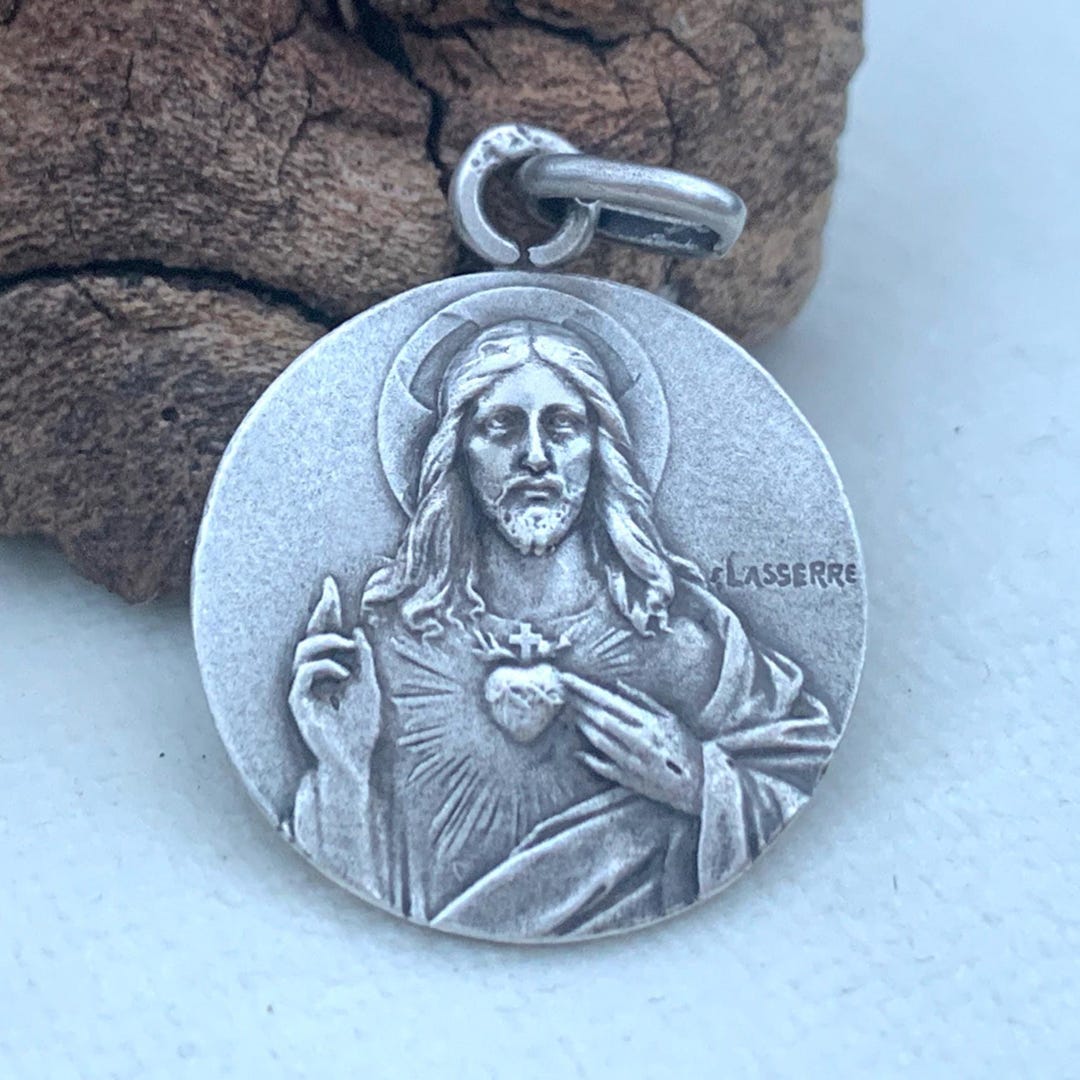Antique French Solid Silver Sacred Heart of Jesus Medal - Catholic ...