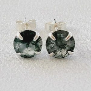 Moss Agate Stud Earrings • 925 Sterling Silver Minimalist Gemstone Jewelry