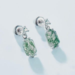 Raw Moss Agate Drop Earrings | Sterling Silver Natural Gemstone Dangle | Handmade Green Crystal Earrings | Earthy Boho Jewelry Gift