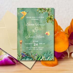 Digital Tropical Wedding Invitation, Canva Editable Tropical Wedding Card