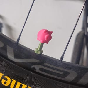 Puede incluir: Un tapón de válvula en forma de cerdo rosa en una rueda de bicicleta.