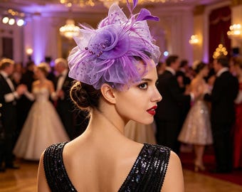 Purple Mesh Feather Kentucky Derby Hat, Wedding Headpiece, Elegant Hat For Prom, Fashionable Hat For Tea Parties, Gift For Her
