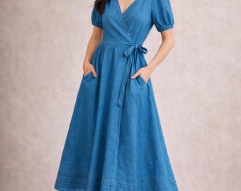 Vestido envelope BELLA em linho estilo cottagecore, vestido de verão com mangas bufantes em linho puro, feito sob medida, tecido 100% linho, tecido natural.