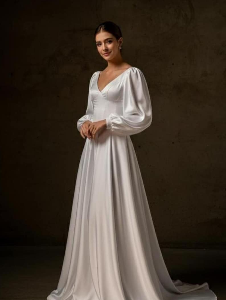 Satijnen trouwjurk met lange mouwen EMILIA, bruidsjurk met open achterkant, trouwjurk met pofmouwen, minimalistische schakingsjurk, klassieke bruidsjurk afbeelding 2