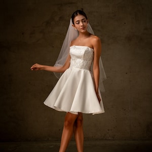 Kurzes Korsett Brautkleid, Drop Taille Hochzeitskleid, schulterfreies weißes Kleid, einfaches Kleid, Hochzeitskleid, Hochzeitskleid, Elopement Kleid, IVY Kleid