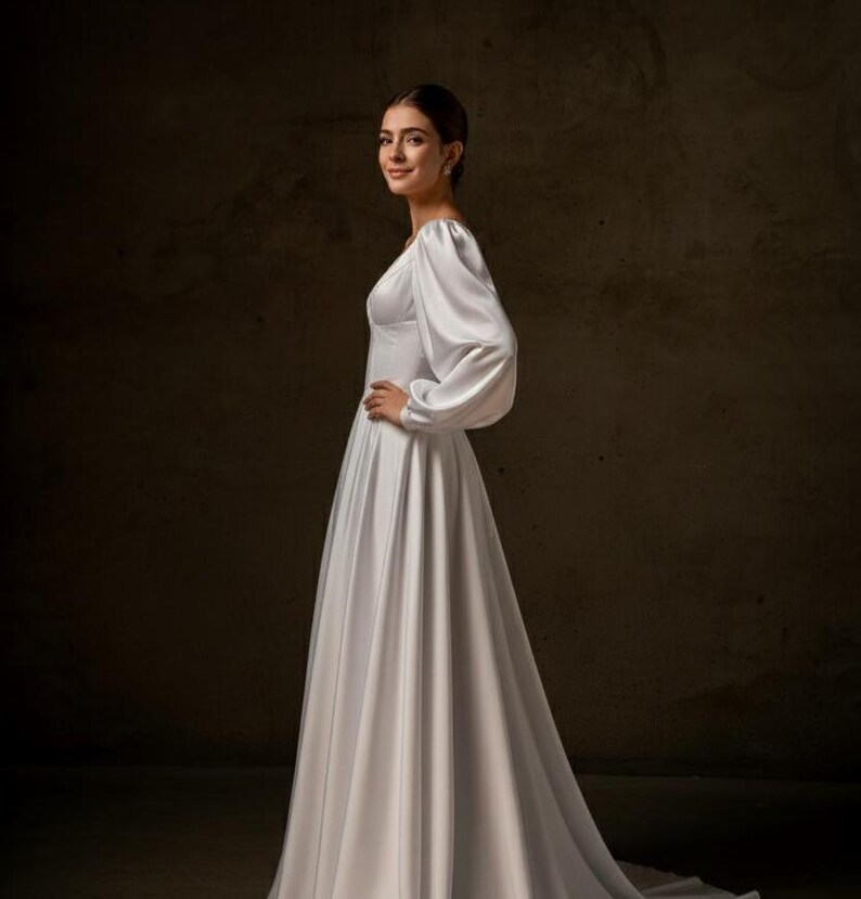 Satijnen trouwjurk met lange mouwen EMILIA, bruidsjurk met open achterkant, trouwjurk met pofmouwen, minimalistische schakingsjurk, klassieke bruidsjurk afbeelding 5